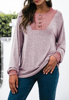 The EMES SHOP sweater is detailed with a beautiful two tone design. Features a round neck line. henley style. long sleeves. and loose fit. Pair it with leather leggings and boots for a cute fall look.MATERIAL:95% Polyester 5% SpandexMEASUREMENTS: Product Length 25.19"-26.37"in 4-6-Small | Waist: 25-26.5in | Chest: 33-34.5in 6-8-Medium | Waist: 26.5-28in | Chest: 34.5-36in 8-10-Large | Waist: 28-29.5in | Chest: 36-37.5in 10-12-X-Large | Waist: 29.5-31in | Chest: 37.5-39in MEASUREMENTS: Product Le Winter Long Sleeve Tops With Contrast Color, Pink Spliced Top For Fall, Brown Winter Tops With Contrast Color, Brown Winter Top With Contrast Color, Winter Brown Top With Contrast Color, Long Sleeve Sweater With Splicing For Fall, Casual Long Sleeve Top With Buttons For Fall, Long Sleeve Tops With Splicing For Fall, Casual Henley For Winter Layering