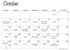 october calendar with the holidays in black and white, including dates for each month on it