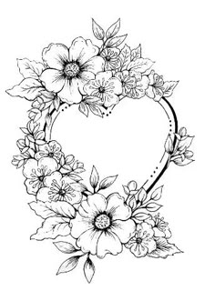 a heart shaped frame with flowers and leaves on the side, drawn in black ink