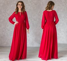 "Closed Dress With Sleeves    ● The perfect closed formal dress ● Does not leave anyone indifferent lover of comfort, elegance and quality ● Can be made in different colors! (write what you want in the comments to the order) ● Beautiful keyhole neckline with pleats ● Long sleeves ● Chiffon belt, no elastic waist (sizes XS-L) ● Chiffon belt tied at the back (sizes XL-XXL) ● Flowy skirt is made with two layers of the chiffon ● Invisible zipper through entire back ● Standard length 153 cm (60 inche Elegant Red Evening Dress For Wedding Guest, Red Chiffon Evening Dress For Prom, Red Chiffon Evening Dress For Wedding, Elegant Red Bridesmaid Dress For Formal Occasions, Red Chiffon Party Gown, Elegant Red Chiffon Party Dress, Red Floor-length Gown For Wedding Guest, Formal Chiffon Maxi Dress For Prom, Red Floor-length Chiffon Dress For Formal Occasions