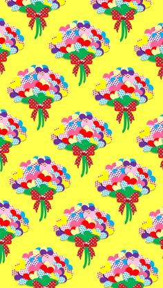 colorful flowers on yellow background with polka dots and checkerboard pattern in the center