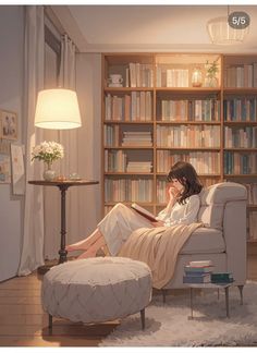 a woman sitting on a chair in front of a bookshelf reading a book