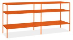 an orange shelving unit with three shelves on each side and one shelf below it