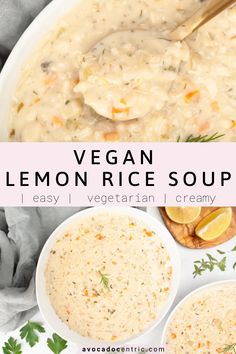 vegan lemon rice soup in a white bowl