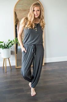 Womens Jumpsuit | Charcoal Front Button Mob Fashion, Quick Fashion, Nursing Friendly, Hot Jeans, Boutique Design, Fun Fashion, Colorful Fashion, Spandex Fabric, Summer Wardrobe