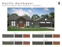 the exterior paint color palette scheme for this house is brown, green, and tan