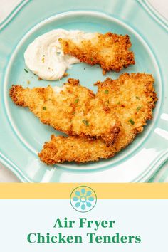 fried chicken tenders on a blue plate with ranch dressing