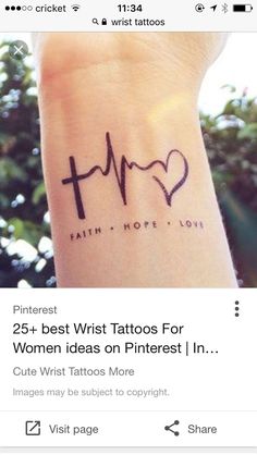 a wrist tattoo with the words faith, hope and love written in black ink on it