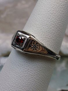 Garnet Ring/ Solid Sterling Silver/ Antique Art Deco Wedding Red Garnet Sterling Silver Filigree [Made To Order] Design#155 Wedding Rings Unique Vintage, Garnet Wedding Rings, Filigree Wedding Ring, Garnet Wedding, Mothersday Gift, Wedding Red, Gemstone Art, Order Design, Victorian Vintage