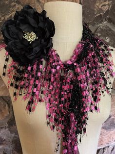 Black and pink scarf for women. Elegant accessory for your outfit for office or a party. Beautiful deep black and gorgeous pink  with silver sparkle adds splash of glamour to any occasion. Perfect for black and fall festivities. This is about 70" long traditional open scarf with firm body.  Hand wash in lukewarm water with mild soap, don't rub or wring, squeeze off excess water and hang to dry. Cool iron is ok for the ribbon scarves if needed.  Comes with nice organza satchel for traveling or gi Pink Scarves As Gifts, Handmade Black Scarves As Gifts, Outfit For Office, Cruise Accessories, Cute Scarf, Fall Festivities, Cute Scarfs, Scarf Necklace, Pink Scarf