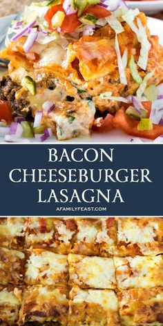 bacon cheeseburger lasagna on a white plate