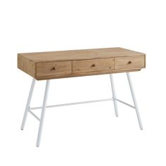 a wooden desk with two drawers on one side and white legs, against a white background