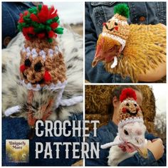 four pictures of chickens wearing knitted hats and scarves, one with a rooster on it's head