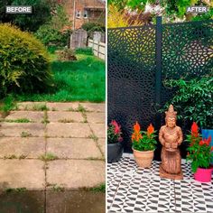 before and after photos of an outdoor garden