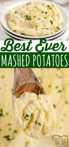 mashed potatoes in a white bowl with a wooden spoon full of mashed potatoes