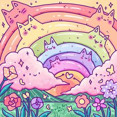 an image of cats in the sky with clouds and flowers