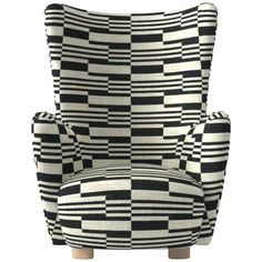 an upholstered chair with black and white checkerboard pattern on the back