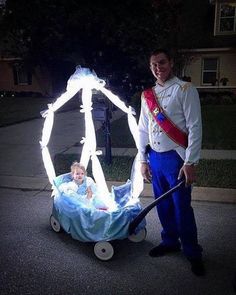 Cinderella and Prince Charming Costume - Have dad pull Cinderella around trick-or-treating in her glowing wagon carriage! #Disney #Halloween #CostumeIdeas Cinderella And Prince Charming Costume, Halloween Costume Couple, Prince Charming Costume, Cinderella And Prince, Mickey Halloween Party, Costume Disney, Cinderella And Prince Charming, Baby Kostüm