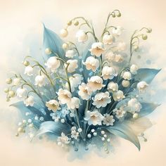 a bouquet of white flowers with green leaves on a light blue watercolor background is featured in this artistic painting