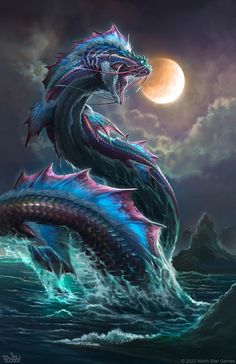 a blue dragon sitting on top of a wave in the ocean under a full moon