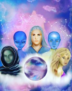 the four avatars are depicted in an artistic painting with blue and pink hues