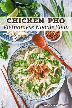 chicken pho vietnamese noodle soup in a bowl with chopsticks on the side