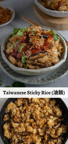 two pictures show different types of food in bowls and on the same plate as rice