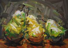 an oil painting of three pears on a table