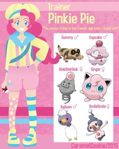 the pinkie pie character sheet is shown in various poses and colors, including an image of