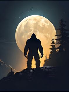 a bigfoot standing in front of a full moon