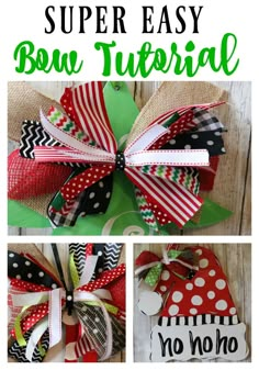 the instructions for how to make an easy bow with fabric and ribbon, including bows