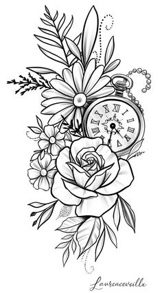 a black and white drawing of flowers with an alarm clock