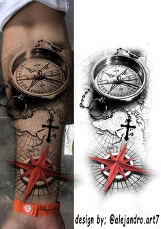 a man with a compass tattoo on his arm next to an image of a compass