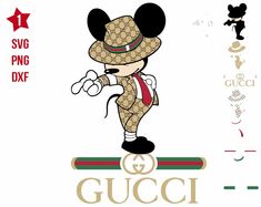 a cartoon mouse wearing a suit and hat on top of a gucci logo sticker