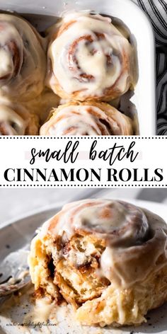 a plate with cinnamon rolls on it and the words, small batch cinnamon rolls