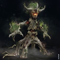 an evil looking tree with glowing eyes in the dark