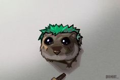 an animal with green hair and a pen in it's mouth is drawn on a piece of paper