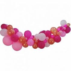 the balloon garland is pink, orange and white