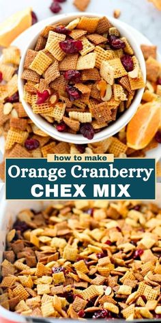 orange cranberry chex mix in a white bowl with the title above it