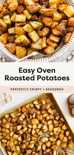 an easy oven roasted potatoes recipe in a casserole dish with text overlay