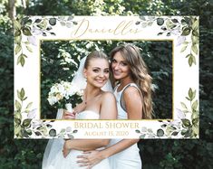 two brides posing for a photo in front of some trees and bushes with the words danielle's bridal shower august 15, 2020