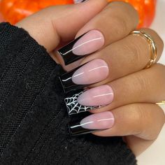 Black Cross French Tip Nails, Square Goth Acrylic Nails, Black French Tip Nails Coffin Halloween, Medium Length Nail Ideas Halloween, Halloween Nail French Tip, Cobweb French Tip Nails, Black French Tip Nails With Spider Web, Halloween Nails Black Tips