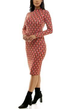 A jacquard pattern adds eye-catching appeal to a long-sleeve sweater dress that's perfect for wear on colder days. 43 1/2" length Mock neck Long sleeves 78% rayon, 22% polyester Machine wash, tumble dry Imported Model stats: 5'10" height, 32" bust, 25" waist, 36" hip. Casual Fitted Jacquard Knit Dress, Stretch Jacquard Knit Long Sleeve Sweater, Fall Jacquard Knit Long Sleeve Sweater Dress, Casual Non-stretch Long Sleeve Sweater Dress, Non-stretch Long Sleeve Sweater Dress, Long Sleeve Sweater Dress, Jacquard Pattern, Sleeve Sweater, Cold Day