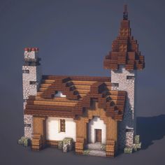 a small house made out of wood and stone with a steeple on the top