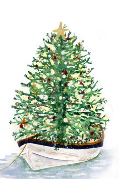 a watercolor painting of a christmas tree in a boat