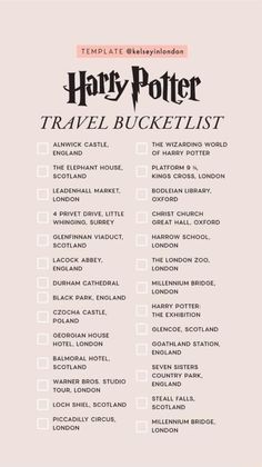 the harry potter travel bucket list is shown in black and white, with pink background