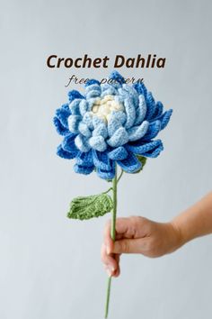 a crochet dahlia flower is being held by a person's hand