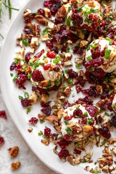 a white plate topped with cranberry and walnuts covered in yogurt