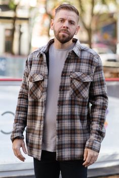 man wearing jackets Plaid Shacket, Button Downs, Mens Jackets, Plaid, Navy, Grey