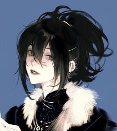 an anime character with black hair and white feathers holding her hand out to the side